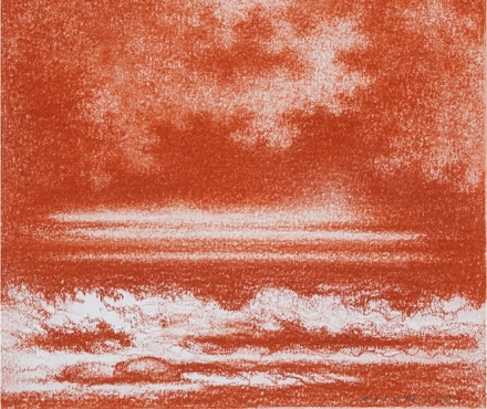AJI VN, Untitled, red chalk on paper, 2021, red storm beach, red clouds 